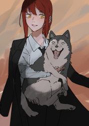 Rule 34 | 1girl, absurdres, animal, black coat, blue eyes, braid, chainsaw man, coat, dog, grin, highres, holding, holding animal, holding dog, looking at another, mai nore, makima (chainsaw man), red hair, ringed eyes, smile, trench coat, yellow eyes