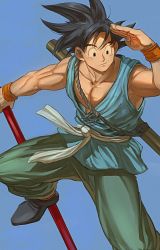 Rule 34 | 1boy, absurdres, arm at side, black eyes, black footwear, black hair, blue background, closed mouth, commentary, dougi, dragon ball, dragonball z, dutch angle, facing viewer, foot out of frame, green pants, hand up, happy, highres, holding, holding weapon, knee up, looking afar, male focus, mamefuku (mamedehuku), muscular, muscular male, ruyi jingu bang, orange wristband, pants, pectorals, rope, shade, shoes, simple background, smile, solo, son goku, spiked hair, symbol-only commentary, weapon, wrinkled skin, wristband
