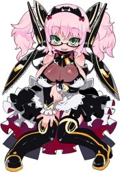 Rule 34 | 1girl, apron, arm grab, black-framed eyewear, black thighhighs, boots, brave sword x blaze soul, breasts, detached sleeves, full body, garter straps, green eyes, large breasts, long hair, looking at viewer, maid, maid apron, maid headdress, official art, open mouth, pink hair, see-through, semi-rimless eyewear, simple background, solo, thigh boots, thighhighs, twintails, under-rim eyewear, white background, wings, zankuro
