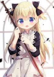 Rule 34 | 1girl, :d, apron, black bow, black dress, blonde hair, blurry, blurry background, bow, commentary request, depth of field, dress, emilico (shadows house), hair between eyes, hair bow, hands up, highres, holding, indoors, long sleeves, looking at viewer, maid, nakkar, open mouth, purple eyes, shadows house, smile, solo, two side up, white apron, window