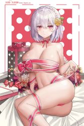 Rule 34 | 1girl, artist name, azur lane, bob cut, bouquet, box, braid, breasts, cleavage, feet out of frame, flower, gift, gift box, hair between eyes, hair flower, hair ornament, highres, jaeyun, large breasts, looking at viewer, medium hair, naked ribbon, nude, red eyes, red flower, red ribbon, ribbon, side braid, sirius (azur lane), solo, thighs, valentine, white flower, white hair, yellow flower