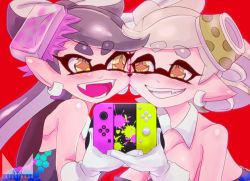 Rule 34 | + +, 2girls, bare shoulders, black hair, blush, breasts, brown eyes, callie (splatoon), chichi band, commentary request, controller, cousins, detached collar, face-to-face, fangs, female focus, food, food on head, game controller, gloves, grey hair, grin, inkling, large breasts, long hair, marie (splatoon), medium breasts, mole, mole under eye, multiple girls, neck, nintendo, nintendo switch, object on head, open mouth, paint splatter, red background, short hair, siblings, simple background, smile, splatoon (series), splatoon 1, strapless, symmetrical hand pose, tentacle hair, upper body, white gloves, yuri