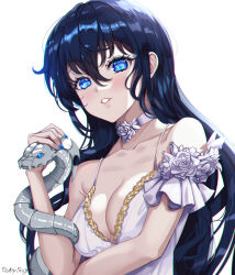 Rule 34 | 1girl, arm under breasts, black hair, blue eyes, blue nails, breasts, cleavage, collarbone, dress, flower, hair between eyes, highres, long hair, medium breasts, neck flower, neck ribbon, original, parted lips, ribbon, rose, ruby suguri, signature, snake, solo, sparkling eyes, upper body, white dress, white flower, white ribbon, white rose