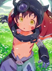 Rule 34 | 1boy, android, baggy pants, black hair, body markings, cape, child, facial mark, field, flower, helmet, highres, joints, looking at viewer, made in abyss, male focus, navel, nemui (nemuriyagi), open mouth, pants, red cape, regu (made in abyss), robot joints, signature, solo, topless male, yellow eyes