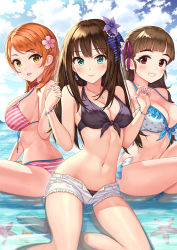 Rule 34 | 3girls, bare shoulders, bikini, bikini under clothes, blunt bangs, bow, bracelet, breasts, brown eyes, cleavage, closed mouth, cloud, cloudy sky, collarbone, commentary request, day, earrings, flower, front-tie bikini top, front-tie top, green eyes, hair flower, hair ornament, hair ribbon, hamahama, hands up, highres, hojo karen, holding hands, idolmaster, idolmaster cinderella girls, interlocked fingers, jewelry, kamiya nao, large breasts, long hair, looking at viewer, medium breasts, medium hair, multiple girls, navel, ocean, open mouth, orange hair, outdoors, parted bangs, polka dot, polka dot bikini, purple ribbon, red eyes, ribbon, shibuya rin, short shorts, shorts, sitting, sky, smile, starfish, striped bikini, striped clothes, swimsuit, tareme, thighs, triad primus, unzipped, water, white bow, white shorts, yellow eyes