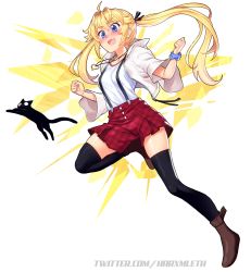 Rule 34 | 1girl, absurdres, artist name, blonde hair, blue eyes, blush, boots, breasts, cat, commission, fang, full body, grisaia (series), grisaia no kajitsu, hair between eyes, heart, high-waist shorts, highres, hood, hood down, hoodie, jewelry, long hair, matsushima michiru, mleth, necklace, open mouth, shorts, simple background, small breasts, solo, suspender shorts, suspenders, thighhighs, tongue, twintails, twitter username, watermark, white background