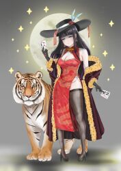 Rule 34 | 1girl, absurdres, armpits, black footwear, black gloves, black hair, black hat, blue eyes, breasts, brown dust 2, brown thighhighs, card, celia (brown dust), center opening, china dress, chinese clothes, cleavage, closed mouth, coat, dress, flower, full body, full moon, fur-trimmed coat, fur trim, gloves, gokoushi, hat, hat feather, hat flower, high heels, highres, holding, holding card, large breasts, large hat, long hair, looking at viewer, moon, off shoulder, playing card, red dress, shadow, side slit, sleeveless, sleeveless dress, solo, sparkle, stiletto heels, thighhighs, tiger