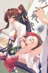 Rule 34 | 1girl, 1other, ass, black panties, blush, breasts, brown hair, calligraphy brush, commentary request, feet, hair between eyes, hair intakes, headgear, highres, himeyamato, holding, holding brush, holding paintbrush, iowa (kancolle), japanese clothes, kantai collection, kimono, large breasts, long hair, long sleeves, looking at viewer, no shoes, obi, open mouth, paintbrush, panties, ponytail, sash, smile, socks, soles, solo focus, souryuu (kancolle), tabi, underwear, very long hair, white socks, yamato (kancolle)