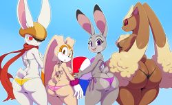 Rule 34 | 10s, 4girls, absurdres, alternate color, animal ears, ass, bikini, black sclera, blue background, blue eyes, blush, body fur, breasts, brown eyes, butt crack, colored sclera, cream the rabbit, creatures (company), crossover, curvy, disney, dragon ball, dragon ball super, eric lowery, eyebrows, eyelashes, female focus, furry, furry female, game freak, gen 4 pokemon, gloves, happy, hat, highres, huge ass, judy hopps, large breasts, looking at viewer, looking back, lopunny, micro bikini, multiple girls, nintendo, no humans, open mouth, pointy ears, pokemon, pokemon (creature), purple eyes, rabbit, rabbit tail, red eyes, scarf, shortstack, smile, sonic (series), sorrel, swimsuit, tail, teeth, thong, zootopia