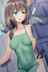 Rule 34 | 1boy, 1girl, android, apron, blue jumpsuit, breasts, brown hair, covered navel, damaged, elbow rest, gloves, green apron, green eyes, grey gloves, highres, jumpsuit, long hair, looking back, low ponytail, mechanical parts, medium breasts, naked apron, open mouth, original, repairing, sideboob, sitting, smile, solo focus, variant0083