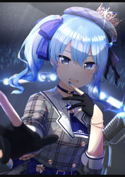 Rule 34 | 1girl, basa rutan, bead bracelet, beads, beret, black gloves, blue choker, blue eyes, blue hair, blue nails, blurry, bracelet, choker, concert, depth of field, finger to own chin, fingernails, foreshortening, glint, gloves, glowstick, grey hat, hair ribbon, hat, highres, hololive, hoshimachi suisei, hoshimachi suisei (1st costume), jewelry, long hair, looking at viewer, microphone, nail polish, open mouth, partially fingerless gloves, ribbon, ringlets, side ponytail, sidelocks, single sidelock, solo, stage lights, star (symbol), star choker, tsurime, vintage microphone, virtual youtuber, wavy hair