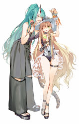 Rule 34 | 2girls, absurdres, animal ears, ankleband, aqua hair, arknights, black footwear, black gloves, black one-piece swimsuit, black pants, black shirt, blonde hair, blouse, breasts, clothes around waist, commentary, food, full body, gjalla, gloves, green eyes, hand up, height difference, high-waist pants, highres, holding, holding food, horns, hoshiguma (arknights), ice cream, ice cream cone, large breasts, long hair, multiple girls, official alternate costume, one-piece swimsuit, one eye closed, open mouth, pants, partially fingerless gloves, ponytail, see-through, see-through shirt, shirt, shirt around waist, sideboob, simple background, single glove, single horn, skin-covered horns, small breasts, standing, swimsuit, swire (arknights), tail, tail ornament, tail ring, thigh strap, thighs, tiger ears, tiger girl, tiger tail, very long hair, white background, white headwear, white shirt, yellow eyes
