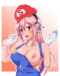 Rule 34 | 1girl, bad id, bad pixiv id, breasts, cosplay, gloves, hat, headband, large breasts, long hair, mario, mario (cosplay), mario (series), naked overalls, neet co., nintendo, nipples, nitroplus, open mouth, overalls, pink eyes, pink hair, solo, strap slip, super sonico, white gloves
