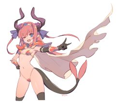 Rule 34 | 1girl, ;3, ;d, \\n/, armor, artist name, bikini, bikini armor, black gloves, black thighhighs, blue eyes, breasts, cameltoe, cape, choker, dragon tail, elbow gloves, elizabeth bathory (brave) (fate), elizabeth bathory (fate), fang, fate/grand order, fate (series), gloves, gluteal fold, hand on own hip, horns, long hair, loose bikini, navel, olys, one eye closed, open mouth, pauldrons, pink hair, pointy ears, red armor, shoulder armor, signature, simple background, small breasts, smile, solo, strap gap, string bikini, swimsuit, tail, thighhighs, tiara, twitter username, two side up, vambraces, white background