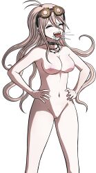 Rule 34 | 1girl, ahoge, armpits, barbed wire, bare arms, bare hips, bare legs, bare shoulders, breasts, choker, cleft of venus, closed eyes, collarbone, completely nude, danganronpa (series), danganronpa s: ultimate summer camp, danganronpa v3: killing harmony, ears, feet out of frame, female focus, goggles, goggles on head, hands on own hips, highres, iruma miu, jewelry, kosine1777, large breasts, long hair, long sleeves, necklace, nipples, nude, open mouth, pussy, saliva, solo, standing, teeth, third-party edit, tongue, tongue out, transparent background, very long hair