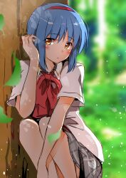 Rule 34 | 1girl, against tree, blue hair, blurry, blurry background, blush, bow, ca2la, commentary request, day, eyes visible through hair, falling leaves, grey skirt, hair between eyes, hairband, hand up, head tilt, highres, leaf, little busters!, looking at viewer, miniskirt, nishizono mio, outdoors, parted lips, pink bow, plaid, plaid skirt, pleated skirt, red hairband, shirt, short hair, short sleeves, skirt, solo, squatting, tree, white shirt, yellow eyes