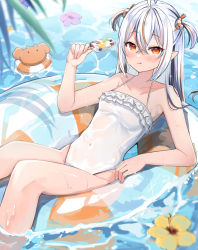 Rule 34 | 1girl, absurdres, ahoge, bag, bare arms, bare legs, blush, breasts, casual one-piece swimsuit, collarbone, flower, food, hair between eyes, hibiscus, highres, holding, ice cream, long hair, multicolored hair, okiq, one-piece swimsuit, orange eyes, orange hair, original, outdoors, pointy ears, shiny skin, small breasts, solo, swimsuit, tongue, tongue out, two-tone hair, two side up, white hair, white one-piece swimsuit, yellow flower