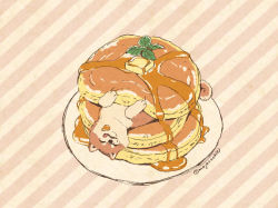 Rule 34 | animal, animal focus, artist name, butter, dog, closed eyes, food, food focus, leaf, lying, mojacookie, no humans, on back, original, pancake, plate, shiba inu, smile, pancake stack, striped, striped background, syrup, tongue, tongue out