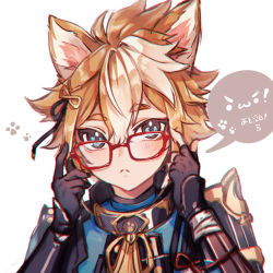 Rule 34 | 1boy, animal ear fluff, animal ears, arm guards, bespectacled, black gloves, blue shirt, blush, brown hair, closed mouth, genshin impact, glasses, gloves, gorou (genshin impact), hair between eyes, hands up, highres, hozumi rino, light frown, looking at viewer, male focus, multicolored hair, red-framed eyewear, shirt, short eyebrows, simple background, solo, thick eyebrows, translation request, two-tone hair, upper body, white background, white hair
