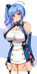 Rule 34 | 1girl, afuro, ahoge, arm guards, arms behind back, azur lane, barefoot, breasts, buttons, cleavage, cleavage cutout, closed mouth, clothing cutout, collar, cowboy shot, double-breasted, dress, elbow gloves, garter straps, gloves, hand on own chest, head tilt, huge breasts, long hair, looking at viewer, pink eyes, short dress, side ponytail, sidelocks, skindentation, sleeveless, sleeveless dress, smile, solo, st. louis (azur lane), standing, thighhighs, two-tone background, wavy hair, white dress, white gloves, white thighhighs, zettai ryouiki