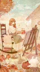 Rule 34 | 1girl, apron, autumn, blurry, blush, brown footwear, brown hair, brown theme, candle, canvas (object), chair, cup, day, depth of field, dress, flower, foliage, frilled dress, frills, grass, green apron, hair behind ear, highres, holding, holding brush, holding palette, hot water bottle, house, light particles, long dress, long hair, long sleeves, looking to the side, momochy, mug, on chair, orange flower, original, outdoors, palette (object), puffy long sleeves, puffy sleeves, pumpkin, rabbit, ribbon, rocking chair, shawl, shirt, sitting, sky, smile, stone, tree, vase, white dress, white shirt, wooden chair, wooden house, wreath, yellow flower