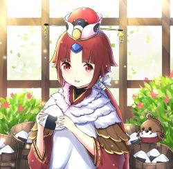 Rule 34 | 1girl, animal, apron, benienma (fate), bird, blush, brown hair, brown kimono, commentary, english commentary, fate/grand order, fate (series), flower, food, hat, holding, holding food, indoors, japanese clothes, kimono, long hair, long sleeves, low ponytail, onigiri, parted bangs, parted lips, ponytail, red eyes, red flower, red hat, rocm (nkkf3785), smile, solo, sparrow, standing, twitter username, white apron, wide sleeves, window