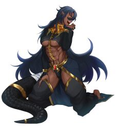Rule 34 | abs, absurdres, ankh, barefoot, black tail, blue hair, chain, collar, crocodilian tail, cuffs, dark blue hair, earrings, egyptian clothes, egyptian mythology, genderswap, glowing, glowing eyes, gold chain, gold earrings, highres, indie virtual youtuber, jewelry, kidomh63, kneeling, muscular, non-web source, ring, seto sobek (vtuber), skin tight, sobek (mythology), sobekvt, tail, tail ornament, toeless legwear, transparent background, virtual youtuber, yellow eyes