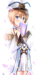 Rule 34 | 1girl, bare shoulders, blanc (neptunia), blue eyes, blush, book, brown hair, coat, covering face, cowboy shot, dress, fur trim, hat, highres, holding, holding book, looking at viewer, muwa12, neptune (series), short hair, smile, solo, spaghetti strap, white coat, white dress, wide sleeves