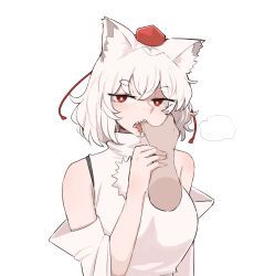 Rule 34 | animal ear fluff, animal ears, commentary, crossed bangs, detached sleeves, disembodied hand, finger in another&#039;s mouth, hat, highres, inubashiri momiji, mata (matasoup), mouth pull, pom pom (clothes), red eyes, red headwear, saliva, sharp teeth, shirt, short hair, sleeveless, sleeveless shirt, teeth, tokin hat, touhou, turtleneck, white hair, white shirt, wolf ears, wolf girl