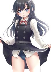 Rule 34 | 1girl, absurdres, asashio (kancolle), black hair, blue eyes, blue one-piece swimsuit, blush, buttons, dress, highres, kantai collection, lips, long hair, long sleeves, looking at viewer, makura (y makura), neck ribbon, one-piece swimsuit, pinafore dress, red ribbon, ribbon, school swimsuit, school uniform, shirt, simple background, skirt hold, sleeveless, sleeveless dress, solo, swimsuit, swimsuit under clothes, white background, white shirt