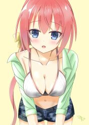 Rule 34 | 1girl, bikini, blue eyes, blush, breasts, cleavage, collarbone, commentary request, cowboy shot, denim, denim shorts, green shirt, highres, large breasts, leaning forward, long hair, looking at viewer, open clothes, open mouth, open shirt, ozato fumika, ponytail, red hair, shiny skin, shirt, shorts, signature, simple background, solo, standing, swimsuit, tenshi souzou re-boot!, tomochin illust, very long hair, white bikini, yellow background