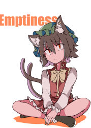 Rule 34 | 1girl, absurdres, animal ear fluff, animal ears, black footwear, black hair, bow, bowtie, cat ears, cat tail, chen, commentary request, dress, earrings, english text, gokuu (acoloredpencil), green hat, hair between eyes, hat, head tilt, highres, indian style, jewelry, long sleeves, looking at viewer, mob cap, multiple tails, nekomata, petticoat, red dress, red eyes, shirt, shoes, short dress, short hair, simple background, sitting, slit pupils, solo, tail, touhou, two tails, white background, white shirt, yellow bow, yellow bowtie