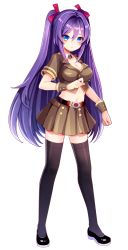 Rule 34 | 1girl, belt, black footwear, black thighhighs, blue eyes, bow, breasts, brown collar, brown skirt, cleavage, clenched hand, collar, full body, hair bow, long hair, looking at viewer, medium breasts, official art, patriarch xtasy, pink bow, purple hair, skirt, solo, standing, takeshi oriana emi, thighhighs, transparent background, very long hair, wrist cuffs