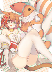 Rule 34 | 1girl, :d, animal ear fluff, animal ears, ass, bare shoulders, bow, braid, breasts, brown hair, cat ears, cat girl, cat tail, center frills, clownfish, commentary request, copyright request, detached sleeves, elbow gloves, feet out of frame, fish, frills, gloves, green eyes, hair between eyes, hair bow, highres, leotard, looking at viewer, open mouth, polka dot, polka dot background, puffy short sleeves, puffy sleeves, rain lan, short sleeves, small breasts, smile, solo, strapless, strapless leotard, striped, striped bow, stuffed animal, stuffed fish, stuffed toy, tail, thighhighs, tropical fish, white gloves, white leotard, white sleeves, white thighhighs