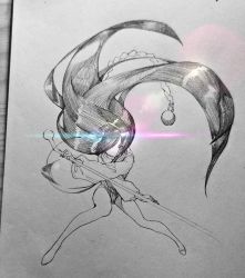 Rule 34 | 1other, alexandrite (houseki no kuni), androgynous, ball and chain (weapon), crossed arms, eyes visible through hair, fighting stance, floating hair, full body, glint, graphite (medium), greyscale, hair over eyes, highres, holding, holding weapon, houseki no kuni, long hair, long sleeves, looking at viewer, monochrome, moon uniform (houseki no kuni), one eye covered, other focus, photo (medium), pudding375, puffy long sleeves, puffy sleeves, solo, spot color, spread legs, squatting, traditional media, very long hair, weapon