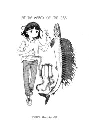 Rule 34 | 1girl, animal request, artist name, comic, commentary request, english text, expressionless, fish, full body, greyscale, hand on own stomach, hand up, highres, holding tentacle, jellyfish, lancetfish, long sleeves, looking at viewer, monochrome, original, pants, satokatsu, shoes, short hair, simple background, sneakers, solo, sweater, sweatpants, tareme, title page, translated, twitter username, v, white background