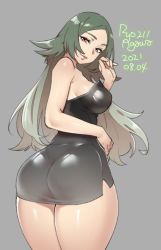 Rule 34 | 1girl, agawa ryou, armpits, artist name, ass, bare shoulders, black dress, breasts, cowboy shot, dated, dress, from behind, green hair, grey background, hand on own hip, hand up, large breasts, long hair, looking at viewer, looking back, numbered, original, pencil dress, pink lips, red eyes, sideboob, sidelocks, simple background, smile, solo, strapless, thick thighs, thighs, very long hair, wide hips