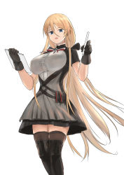 Rule 34 | 1girl, absurdres, azur lane, bismarck (azur lane), bismarck (iron black elysium) (azur lane), black footwear, black gloves, black thighhighs, blonde hair, blue eyes, boots, breasts, dress, feet out of frame, german flag, gloves, hair between eyes, highres, holding, holding notepad, holding pen, large breasts, lom (lom lom 8), long hair, looking at viewer, notepad, official alternate costume, open mouth, pen, solo, standing, thigh boots, thighhighs, white background