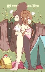 Rule 34 | 2girls, animated, animated gif, ass, ass-to-ass, ass press, back-to-back, bad id, bad tumblr id, bag, bare shoulders, black legwear, blue eyes, blue panties, blush, bouncing breasts, breasts, brown hair, bush, creatures (company), crop top, diives, double bun, doughnut hair bun, forest, from side, full body, game freak, grass, hair bun, half-closed eyes, heavy breathing, hilda (pokemon), locked arms, medium breasts, multiple girls, nature, nintendo, outdoors, panties, pantyhose, poke ball, pokemon, pokemon bw, pokemon bw2, ponytail, rosa (pokemon), socks, squatting, standing, tank top, tent, tree, underboob, underwear, watermark, yuri