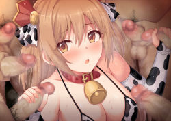 Rule 34 | 1girl, 6+boys, animal print, bare shoulders, bell, bikini, blush, breasts, bridal gauntlets, brown eyes, brown hair, censored, cleavage, collar, collarbone, cow print, detached sleeves, double handjob, erection, group sex, handjob, head out of frame, hetero, horosuke, large breasts, long hair, looking at viewer, male masturbation, masturbation, mosaic censoring, multiple boys, multiple penises, neck bell, nozomi (princess connect!), nude, open mouth, penis, princess connect!, surrounded by penises, sweat, swimsuit, testicles, two side up, white bikini