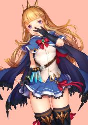 Rule 34 | 10s, 1girl, bangle, black footwear, black gloves, black thighhighs, blue cape, blue skirt, blunt bangs, boots, bow, bowtie, bracelet, breasts, buttons, cagliostro (dark) (granblue fantasy), cagliostro (granblue fantasy), cape, closed eyes, closed mouth, clothes lift, covering own mouth, cowboy shot, dutch angle, frilled gloves, frills, gloves, granblue fantasy, hairband, highres, jewelry, lifted by self, long hair, looking at viewer, orange background, orange hair, partially fingerless gloves, purple eyes, red bow, red bowtie, simple background, skindentation, skirt, skirt lift, small breasts, smug, solo, spikes, standing, test tube, thigh boots, thigh gap, thighhighs, very long hair, yomena