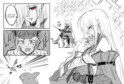 Rule 34 | 2girls, ?, animal, animalization, arknights, bare shoulders, bird, blush, boots, comic, commentary, emphasis lines, english commentary, english text, fleeing, forehead, hair over one eye, holding, irene (arknights), jacket, monochrome, multiple girls, nose blush, open clothes, open jacket, open mouth, orca, pantyhose, parted bangs, parted lips, red eyes, shirt, skadi (arknights), skadi (elite ii) (arknights), skirt, sleeveless, sleeveless shirt, sparkle background, spot color, stairs, wandering sarkaz, wavy mouth, yuri