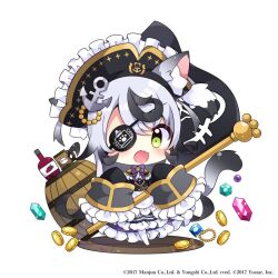 Rule 34 | 1girl, anchor hair ornament, animal ear fluff, animal ears, azur lane, barrel, blue gemstone, cat ears, cat girl, cat tail, character request, chibi, coin, dress, eyepatch, frilled dress, frilled headwear, frills, gem, gold coin, green eyes, green gemstone, hair ornament, hat, kidd (meowfficer) (azur lane), meowfficer (azur lane), muuran, pantyhose, pirate, pirate hat, red gemstone, simple background, sleeves past fingers, sleeves past wrists, solo, tail, very long sleeves, white background, white hair, white pantyhose