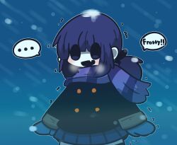 Rule 34 | ..., 1girl, :d, black jacket, blue mittens, blue skirt, blush, cold, commentary request, english text, fang, hair between eyes, highres, jacket, long hair, long sleeves, looking at viewer, mittens, open mouth, original, pleated skirt, purple eyes, purple hair, purple scarf, scarf, skirt, sleeves past wrists, smile, snow on head, snowing, solo, spoken ellipsis, striped clothes, striped scarf, trembling, uni souchou
