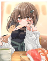 Rule 34 | 1girl, alternate costume, black shirt, breasts, brown eyes, brown hair, cup, food, hair ornament, hairclip, hand on own face, highres, jacket, kantai collection, kasashi (kasasi008), shirt, short hair, short hair with long locks, small breasts, solo, sparkle, sushi, taihou (kancolle), upper body, white jacket, yunomi