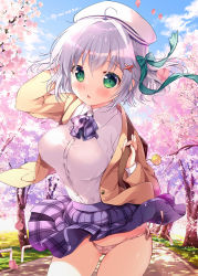 Rule 34 | 1girl, arm up, bag, bag charm, blue skirt, blue sky, blush, brown jacket, charm (object), cherry blossoms, cherry tree, clothes lift, cloud, collared shirt, commentary request, gluteal fold, grass, green eyes, hair between eyes, hair ornament, hair ribbon, hat, highres, jacket, long sleeves, looking at viewer, mikeou, open mouth, original, outdoors, panties, park, path, pink panties, plaid, plaid skirt, pleated skirt, ribbon, road, school bag, school uniform, shirt, short hair, side-tie panties, silver hair, skirt, skirt lift, sky, solo, standing, tree, twitter username, underwear, white hat, white shirt, wind, wind lift, x hair ornament