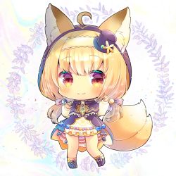 Rule 34 | 1girl, ahoge, animal ear fluff, animal ears, black footwear, black hat, blonde hair, blush, boots, capelet, chibi, closed mouth, commentary request, double fox shadow puppet, ears through headwear, flower knight girl, fox ears, fox girl, fox shadow puppet, fox tail, frilled capelet, frills, full body, hair through headwear, hat, hood, hood up, hooded capelet, kitsune no botan (flower knight girl), kou hiyoyo, long hair, long sleeves, low twintails, mini hat, mini top hat, multiple tails, puffy long sleeves, puffy sleeves, purple capelet, red eyes, skirt, smile, socks, solo, standing, standing on one leg, tail, tilted headwear, top hat, twintails, two tails, very long hair, white background, white skirt, yellow socks