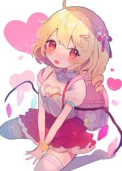 Rule 34 | 1girl, :o, ahoge, alternate costume, alternate hairstyle, backpack, bag, between legs, blonde hair, blurry, blurry foreground, blush, chikuwa (tikuwaumai ), clothes writing, commentary request, fang, flandre scarlet, hair ornament, hairclip, hand between legs, head tilt, heart, heart background, heart hair ornament, layered skirt, looking at viewer, no headwear, no headwear, open mouth, over-kneehighs, petticoat, pink shirt, puffy short sleeves, puffy sleeves, rainbow, randoseru, red eyes, red skirt, scrunchie, shirt, short hair, short sleeves, simple background, single drill, sitting, skin fang, skirt, solo, suspender skirt, suspenders, tareme, thighhighs, touhou, wariza, white background, white thighhighs, wings, wrist scrunchie, x hair ornament