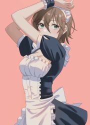 Rule 34 | 1girl, alternate costume, apron, arms up, back bow, black dress, bow, breasts, brown hair, buttons, cleavage, commentary, dress, emu (emum), enmaided, eyelashes, frilled dress, frills, green eyes, hair between eyes, hair ornament, hairclip, highres, idolmaster, idolmaster cinderella girls, kimura natsuki, looking at viewer, maid, maid headdress, medium breasts, pink background, puffy short sleeves, puffy sleeves, short hair, short sleeves, sidelocks, solo, waist apron, white apron, wrist cuffs
