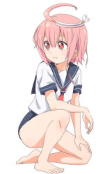 Rule 34 | 10s, 1girl, ahoge, barefoot, elbow on knee, full body, hair ornament, i-58 (kancolle), kantai collection, looking away, on one knee, pink hair, red eyes, sailor collar, school swimsuit, school uniform, serafuku, short hair, simple background, solo, swimsuit, swimsuit under clothes, tonmoh, white background